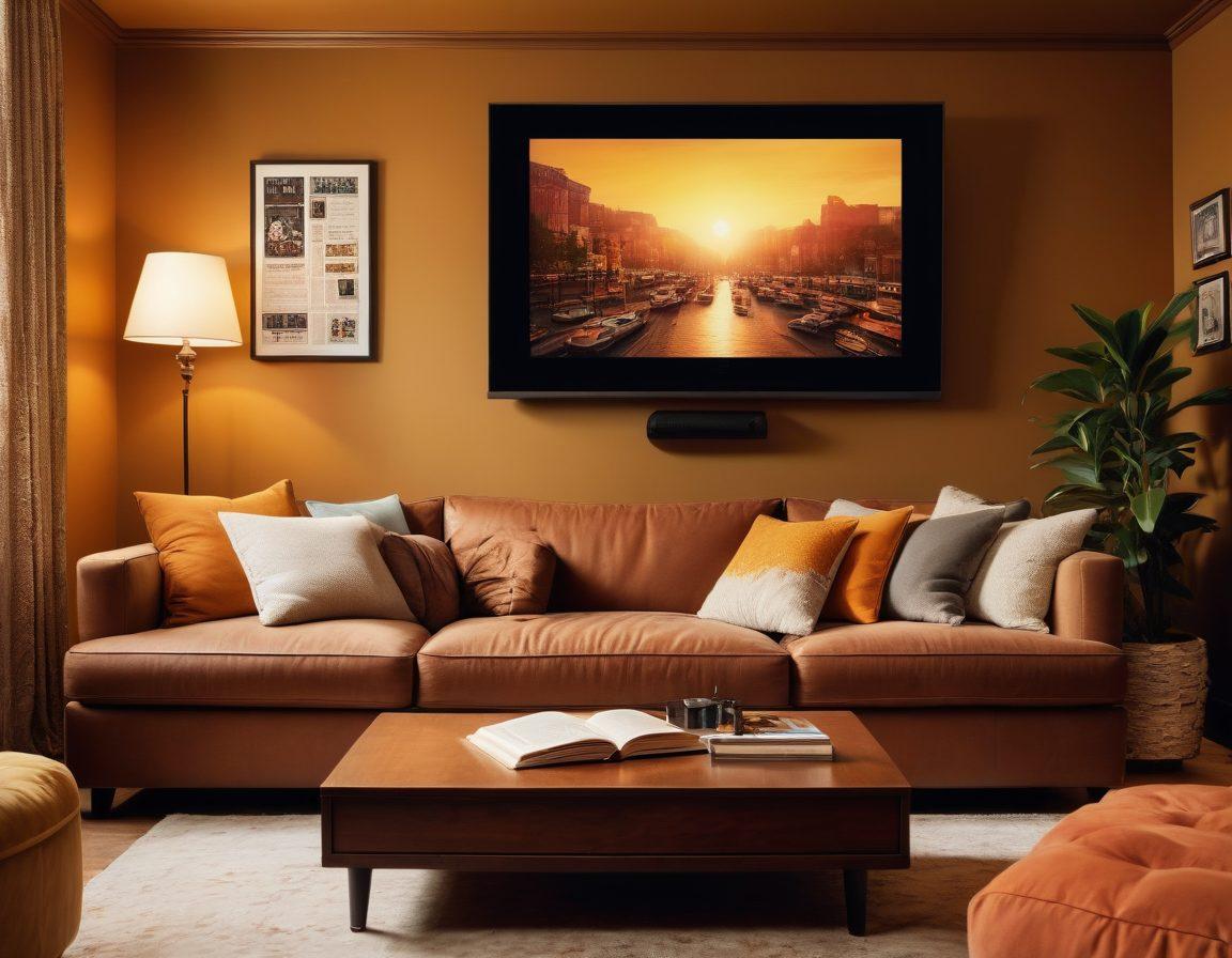 A cinematic scene featuring a cozy home theater setup with a plush sofa, a large screen displaying vibrant movie posters, popcorn bowls overflowing, and a notepad with scribbled film reviews. Warm lighting enhances the atmosphere, enticing viewers to immerse in the world of film critique. Cinematic elements like a film reel or vintage camera subtly placed in the background. super-realistic. warm colors. cozy ambiance.