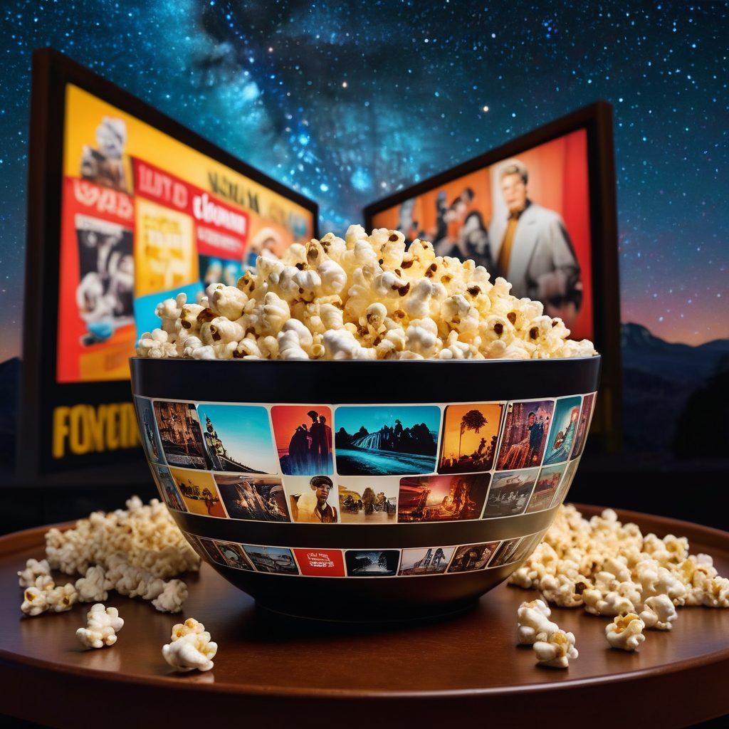 A vibrant collage showcasing iconic film scenes, featuring a vintage film reel, popcorn, and a remote control. In the background, silhouettes of famous movie characters emerging from a cinema screen, with a starry night sky. Integrate elements of popular streaming platforms, like play buttons and free movie symbols. Emphasize the excitement of movie exploration and discovery. super-realistic. vibrant colors. cinematic atmosphere.
